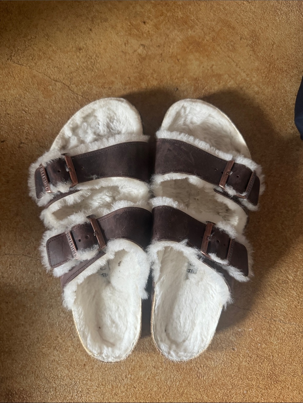 Men's Brown Faux-Shearling Double-Buckle Slide Sandals